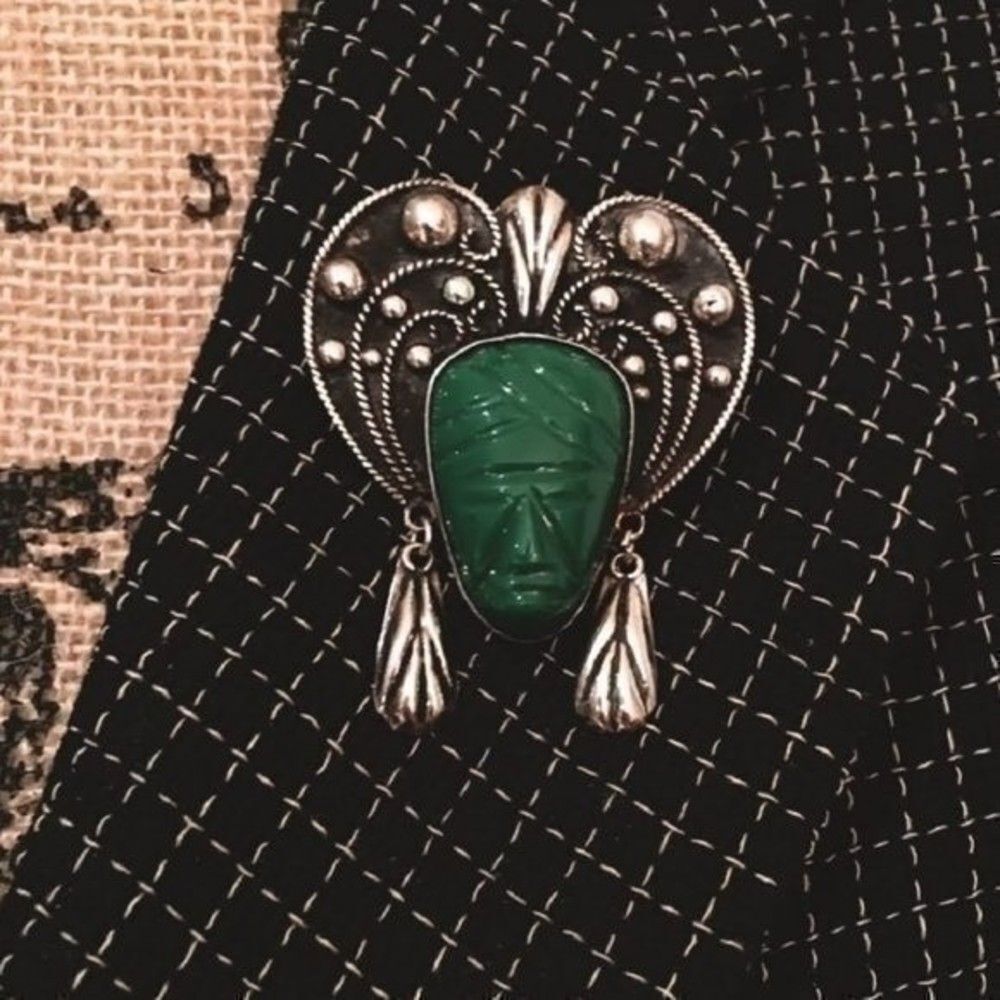 Vintage Taxco Sterling Silver Aztec or Mayan Warrior Tribal Mask Brooch